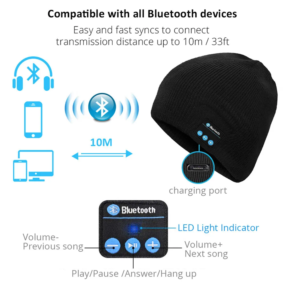 Winter Bluetooth USB Rechargeable Music Headset Warm Knitting Beanie Hat Cap