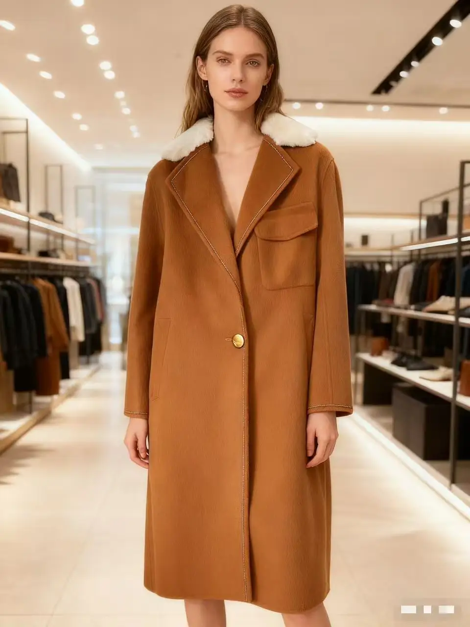 

2025 New Style Caramel-Colored Wool Coat with Lambswool Collar