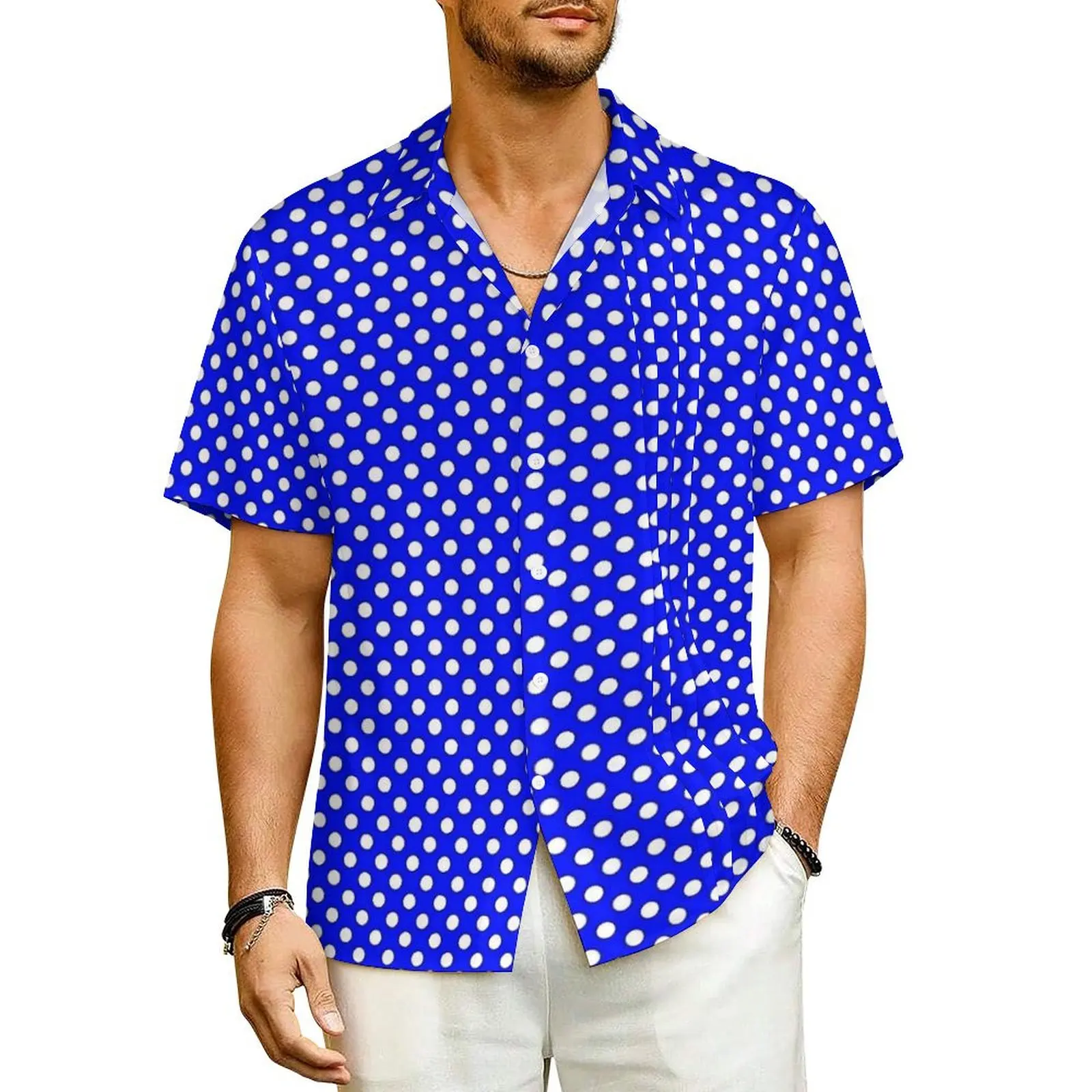 

White And Blue Polka Dots Beach Shirt Retro Print Hawaiian Casual Shirts Male Novelty Blouses Short Sleeve Y2K Fashion Tops