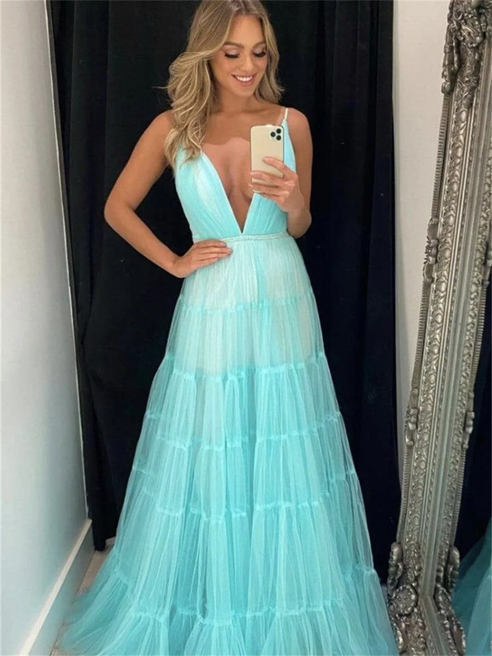 

Sansa Sexy Deep V-neck Sleeveless Vestidos De Noche Multilayer Puffy فساتين سهره فاخره 2023 Sexy Fluorescent Blue Prom Dress