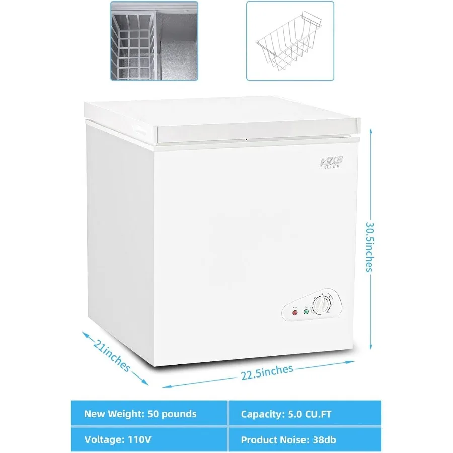 فريزر صدر مدمج 5.0 قدم مكعب مع ترموستات قابل للتعديل وسلة قابلة للإزالة للمنزل أو المرآب يستخدم عملية منخفضة الضوضاء