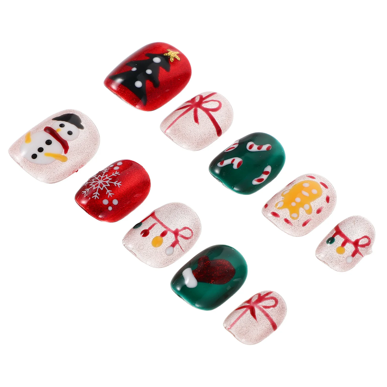 

Holiday Short Press on Nails Christmas Designs Snowman Tree Candy Cane Snowflake Easy Apply Festive Manicure Press on Nails