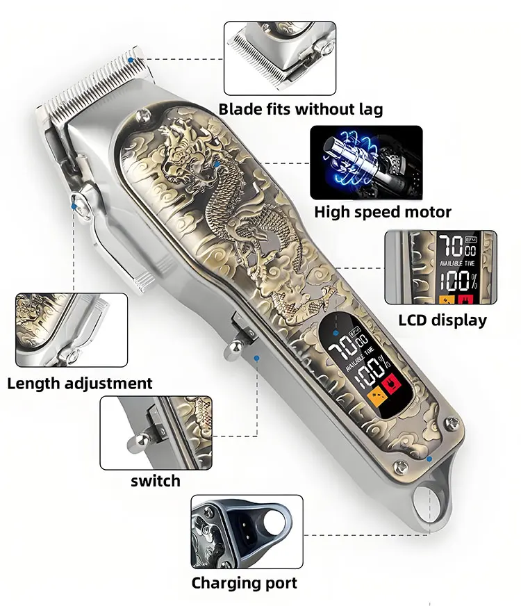 GREENLYCA GL69928 Vintage Hairdresser Electric Clippers Barber Shop LED Hair Trimmer Dragon Carving