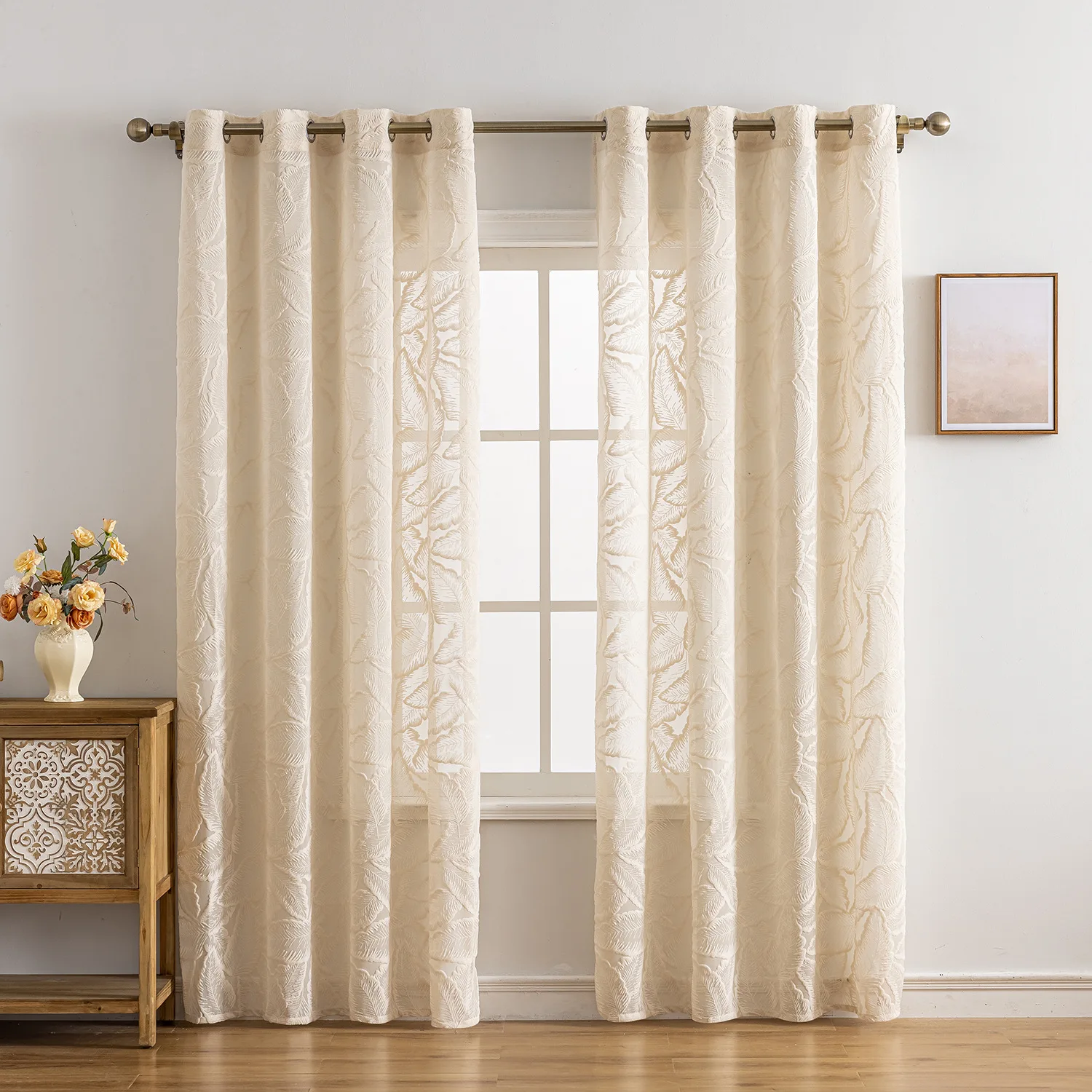 Beige 3D Embossed Leaf Sheer Curtain Grommet Top Semi Sheer Window Voile Curtain For Home Bedroom Living Room Decor Custom Size