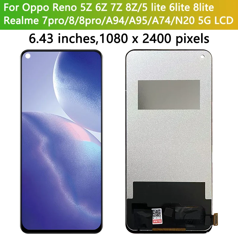 A94 A95 A74 สําหรับ OPPO Reno 5Z 6Z 7Z 8Z 5lite 6lite 8lite LCD หน้าจอสัมผัสสําหรับ realme 7Pro 8Pro LCD 1 + N20 5G หน้าจอ