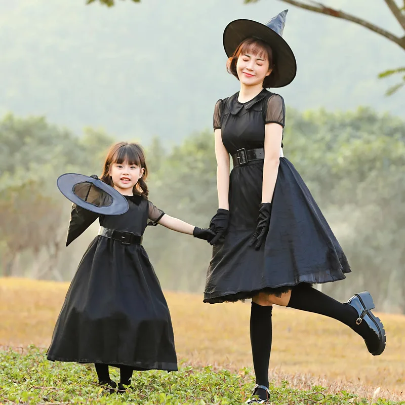 

Halloween Costume Cosplay Black Gauze Witch Role Play Parent-child Makeup Party Girls Dress Mom and Daughter Matching Clothes