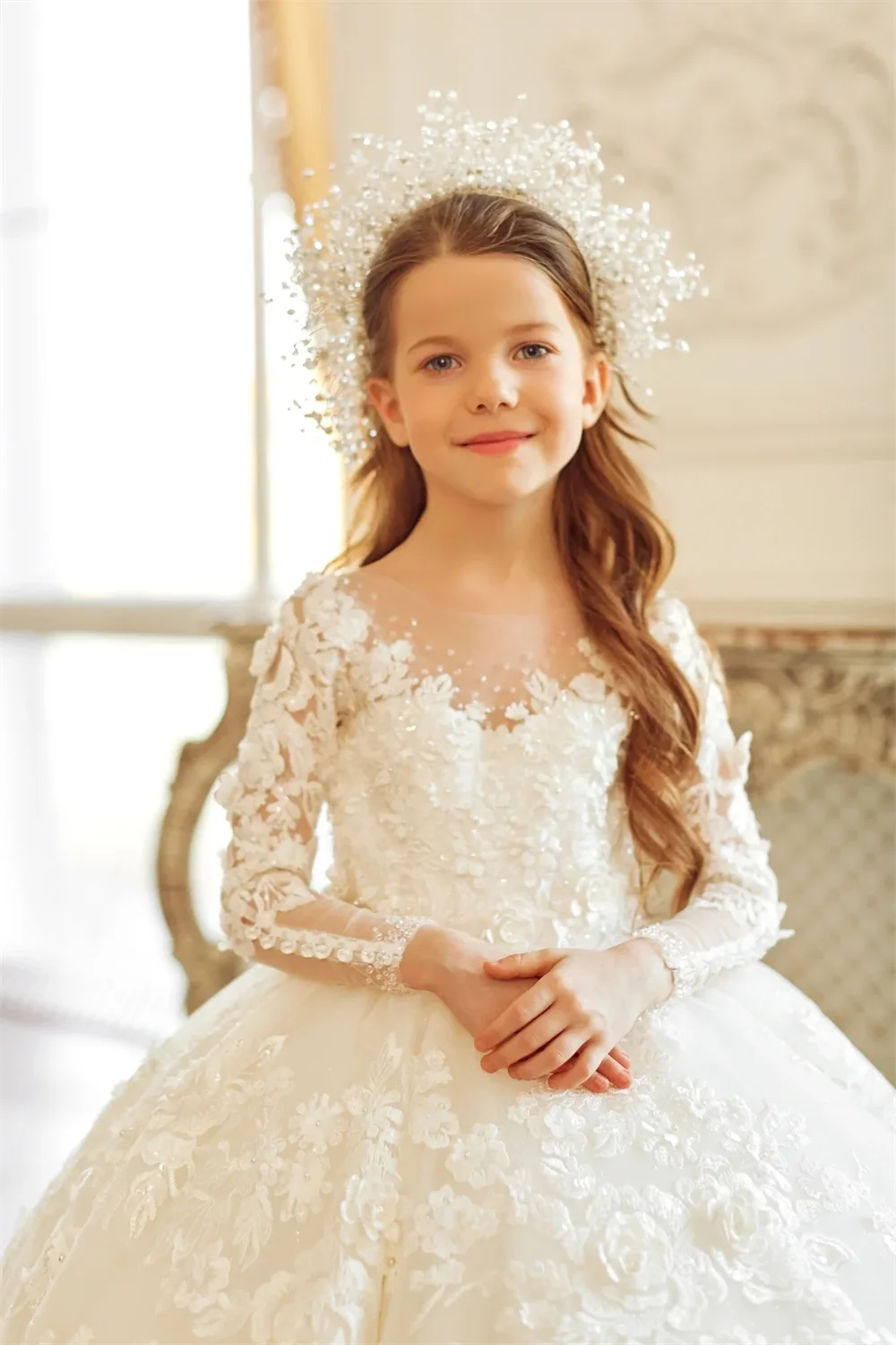 Luxury Flower Girl Dresses Long Sleeve for Wedding Prom Party Girls Pageant Gowns Lace Floral Appliques Kids Birthday Dress