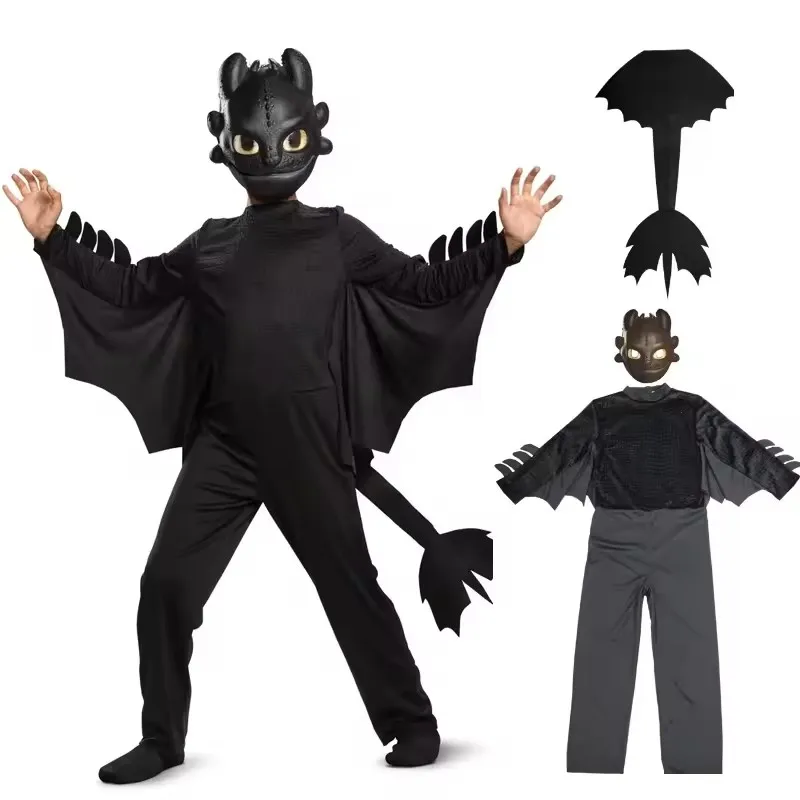 3ps Set Halloween Kids Toothless Cosplay Costume Train Your Dragon Cosplay Clothes Child Black Fancy Dress Detachable Tail Suit