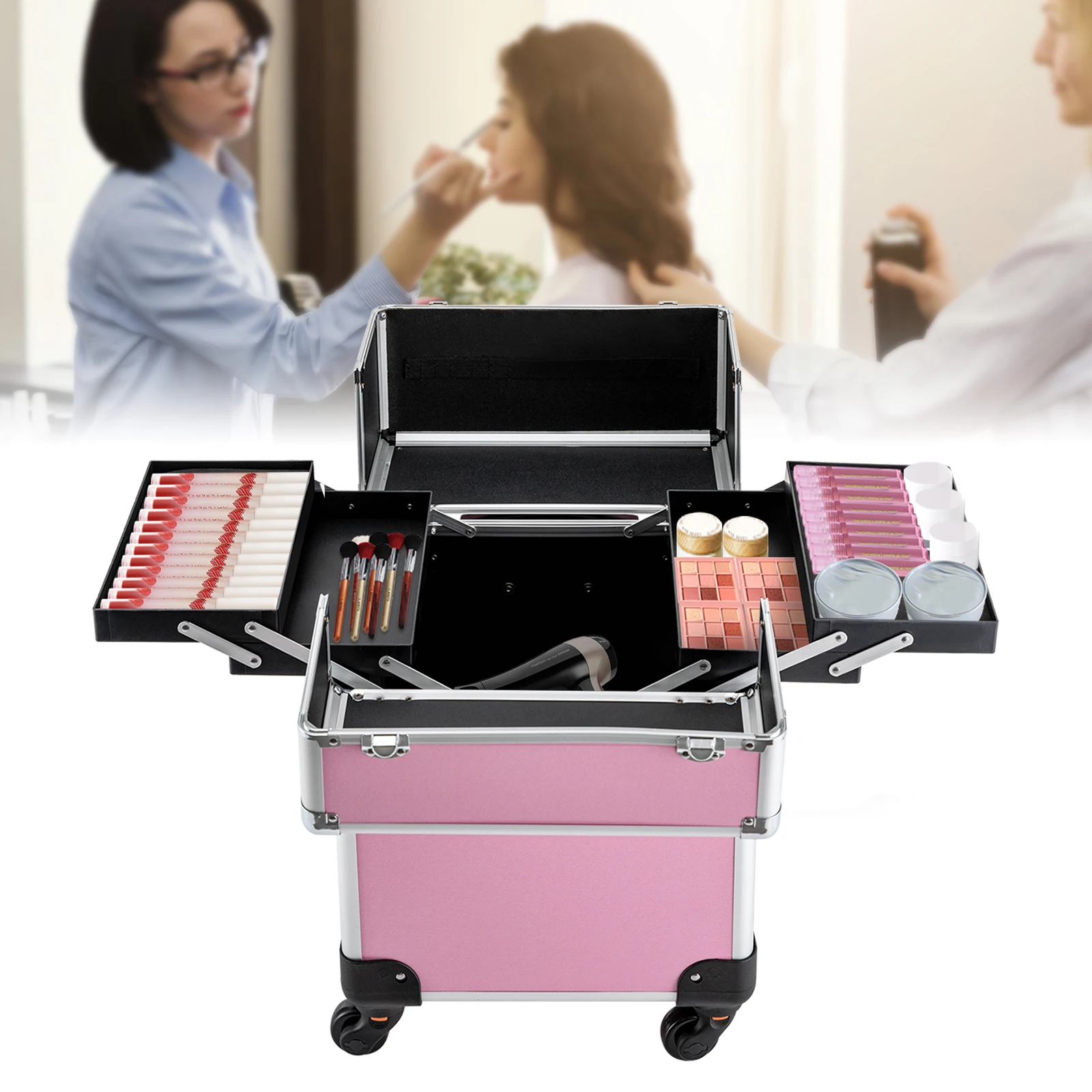 

Pink Makeup Train Case Professional Cosmetic Trolley Rolling Salon Barber Trunk Trolley Durable Makeup Storage Box