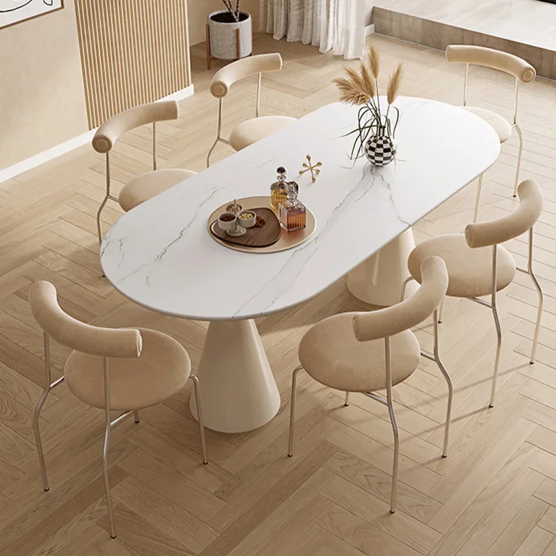High-quality cream oval dining table, modern apartment light and luxurious, dining table and chair combination