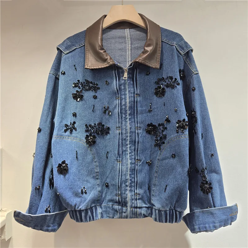 

SuperAen Winter 2026 New European and American Style Denim Patchwork Color-blocking Design Three-dimensional Floral Sequins Coat
