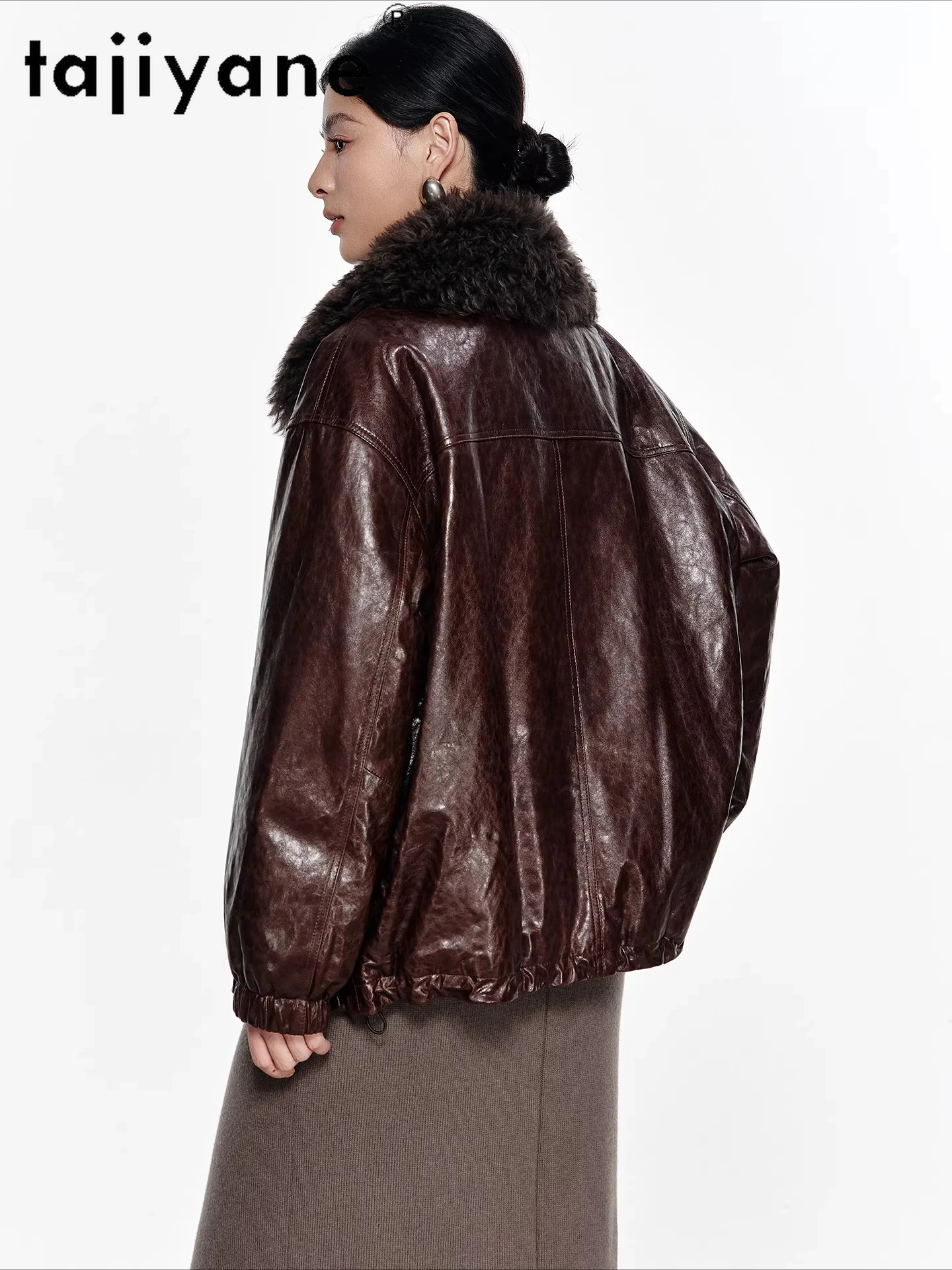 TAJIYANE جلد الغنم أوزة أسفل معطف امرأة الصوف طوق سترات منتفخة قصيرة سترة جلدية حقيقية الشتاء ملابس حريمي 2025 schuba