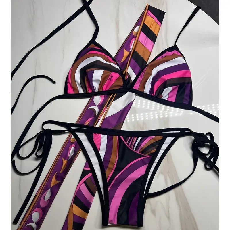 Nowe damskie zestawy bikini z opaską na głowę 2025, modne wzory, nadruk w paski z literami, luksusowe stroje kąpielowe europejskiej marki, seksowne tankini.