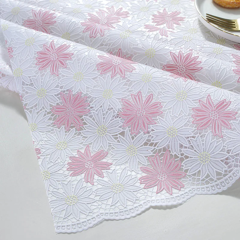 PVC Lace Tablecloth Waterproof Washable and Erasable Table Linen Tea Table Cloth Rectangular Table Cover Whitepink Color