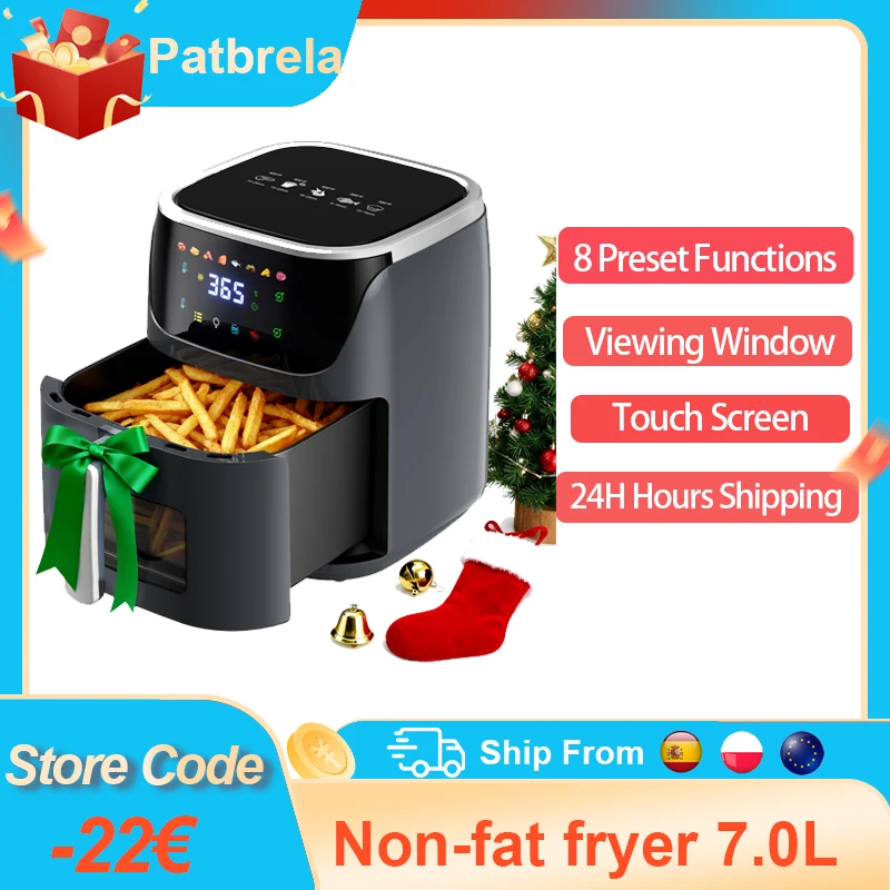 Friteuse à air visible Patbrela 7,0 L 8 en 1 Max 200 ° Four à friteuse électrique C, cuiseur sans huile avec écran tactile, panier antiadhésif, taille familiale
