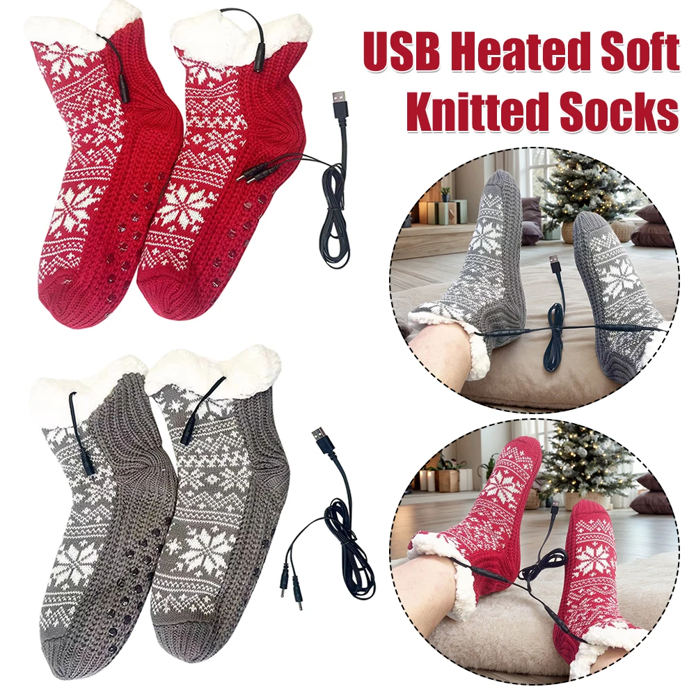 

USB Heated Soft Knitted Socks Non Slip Fluffy Slipper Socks Plush Floor Socks Cozy Bed Slippers Carpet Socks for Christmas