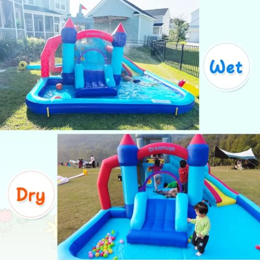 Outdoor inflatable water slide castle for backyard use PVC material blue and yellow includes climbing wall basketball rim splas