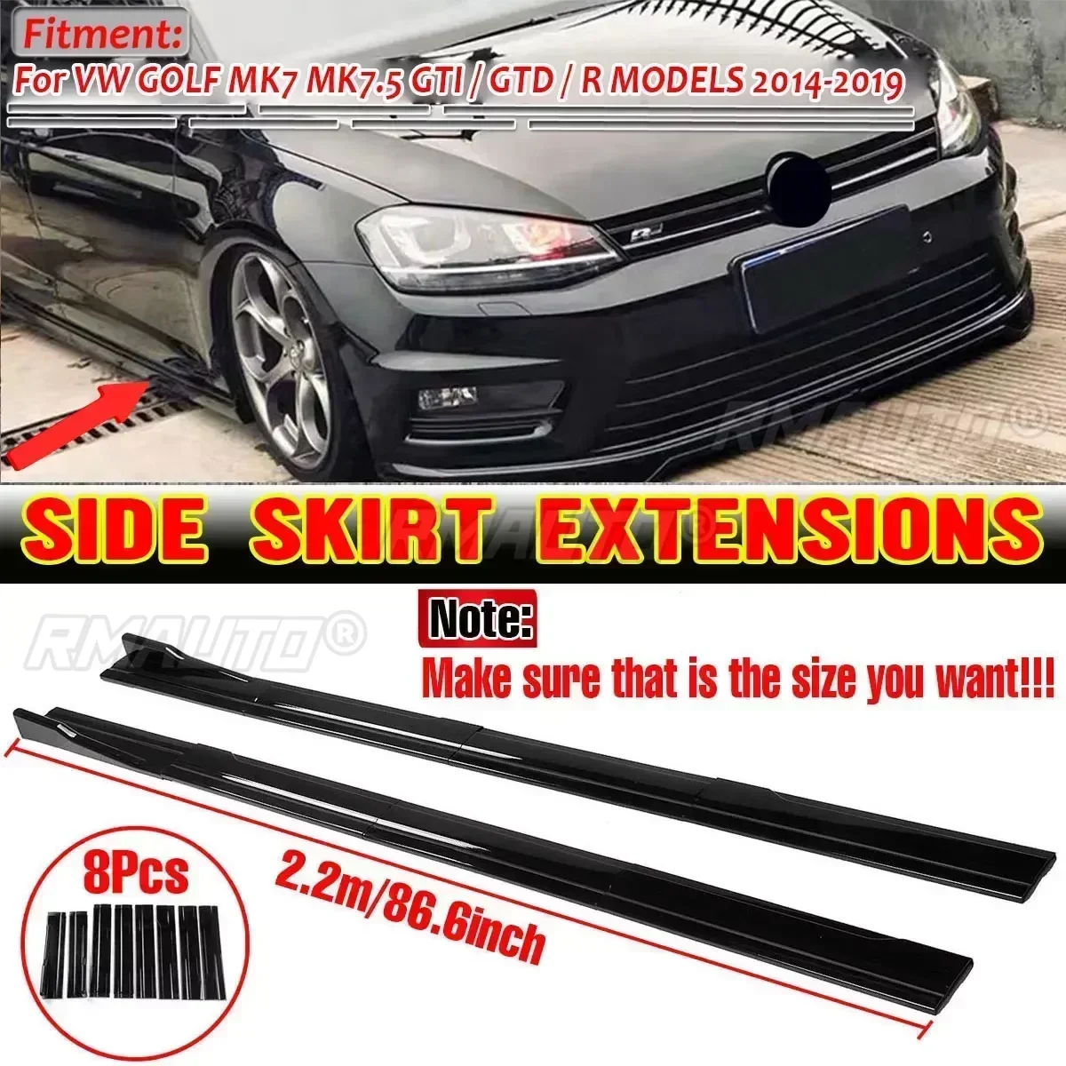 High Quality 2.2m Side Skirts Extension Rocker Splitters Diffuser Winglet Wings For VW GOLF MK7 MK7.5 GTI/GTD/R MODELS 2014-2019