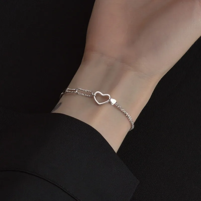 Shiny Fashion 925 Sterling Silver Asymmetric Chain Hollowed-out Heart-shaped Bracelet for Woman Girl Spliced Chain Jewelry Gifts