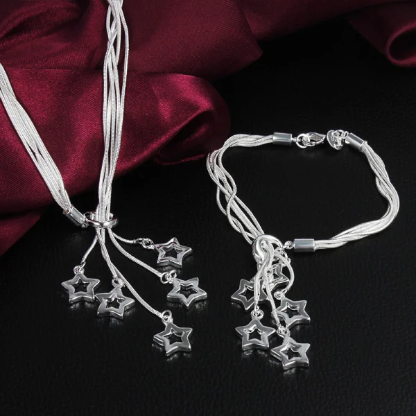 

Hot fine 925 Sterling Silver charms star necklace bracelet for women Jewelry set Party wedding lady classic Holiday gift