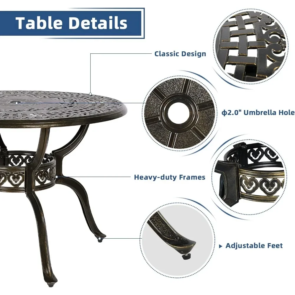 Outdoor Dining Sets, Cast Aluminum Round Patio Table with Umbrella Hole and 4 Cushioned Dining Chairs，patio Furniture