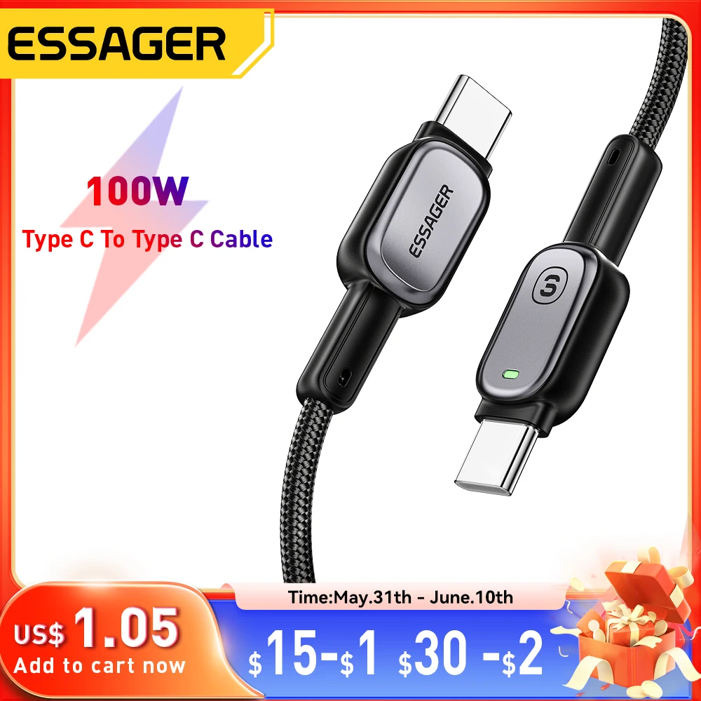 Essager 100W Type C To Type C Cable For iPhone16 15 Xiaomi Samsung Huawei PD Fast Charging For Macbook Tablet Laptop LED Cable