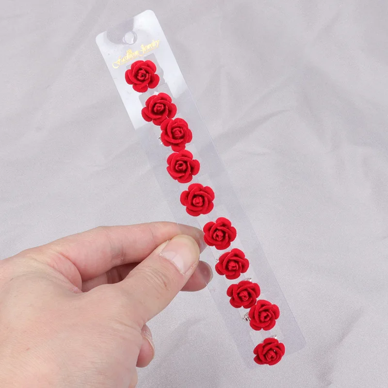 10pcs Red Rose Blossom Small Hair Clip Girl\'s Weaving Style Bean Clip Bridal Wedding Headwear