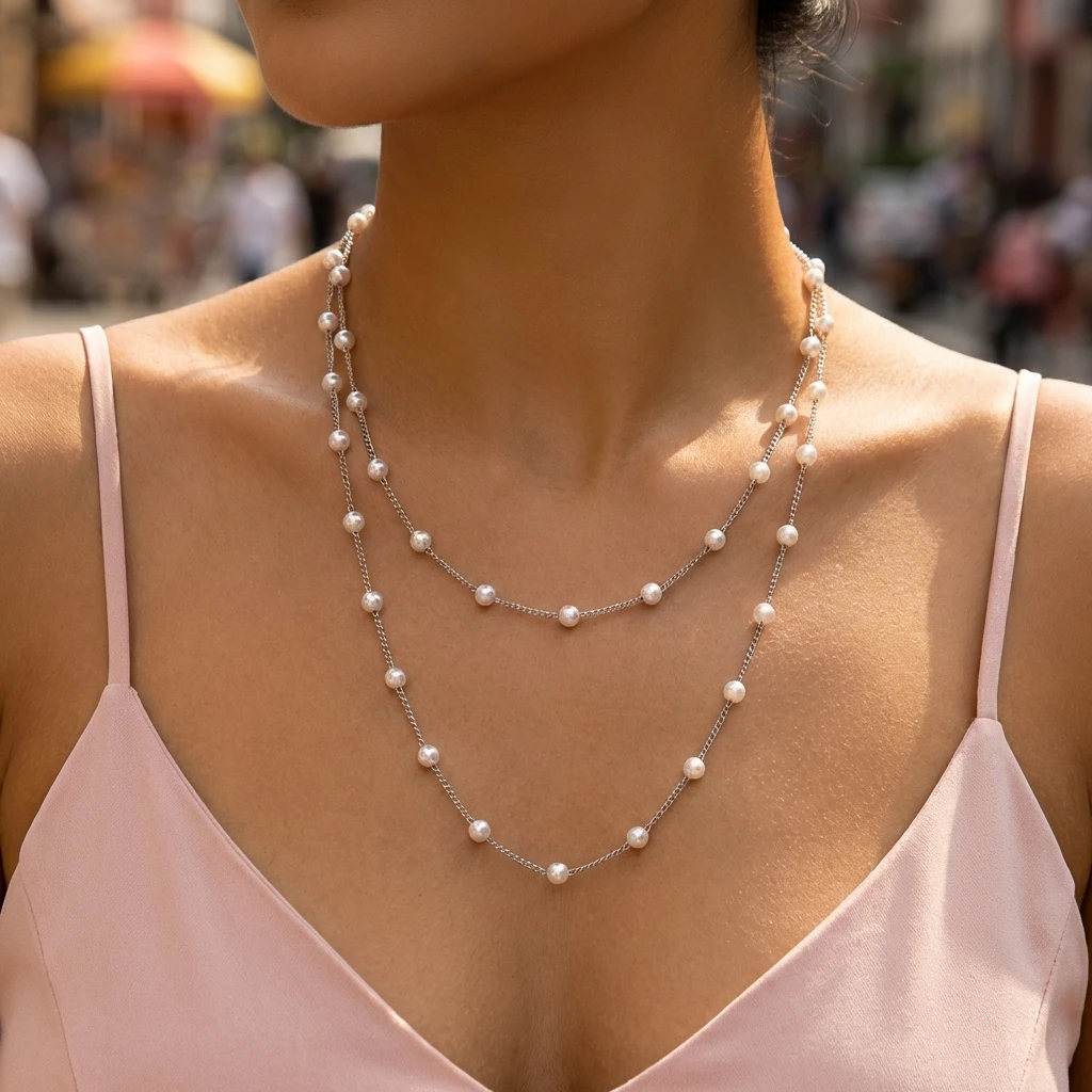 

Double Layer Imitation Pearl Station Necklace for Women Silver Color Chain Choker 2026 New Trend Elegant Wedding Jewelry Gift
