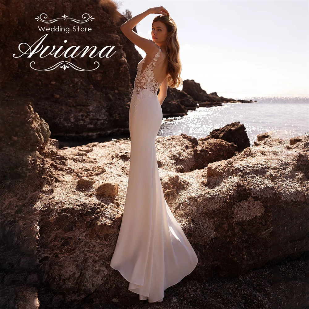 Aviana Maßgeschneiderte Spitzenstickerei, V-Ausschnitt, Spaghettiträger, Hofschleppe, Spitzenstickerei, ärmellos, 2025, rückenfreie Applikationen, Morden