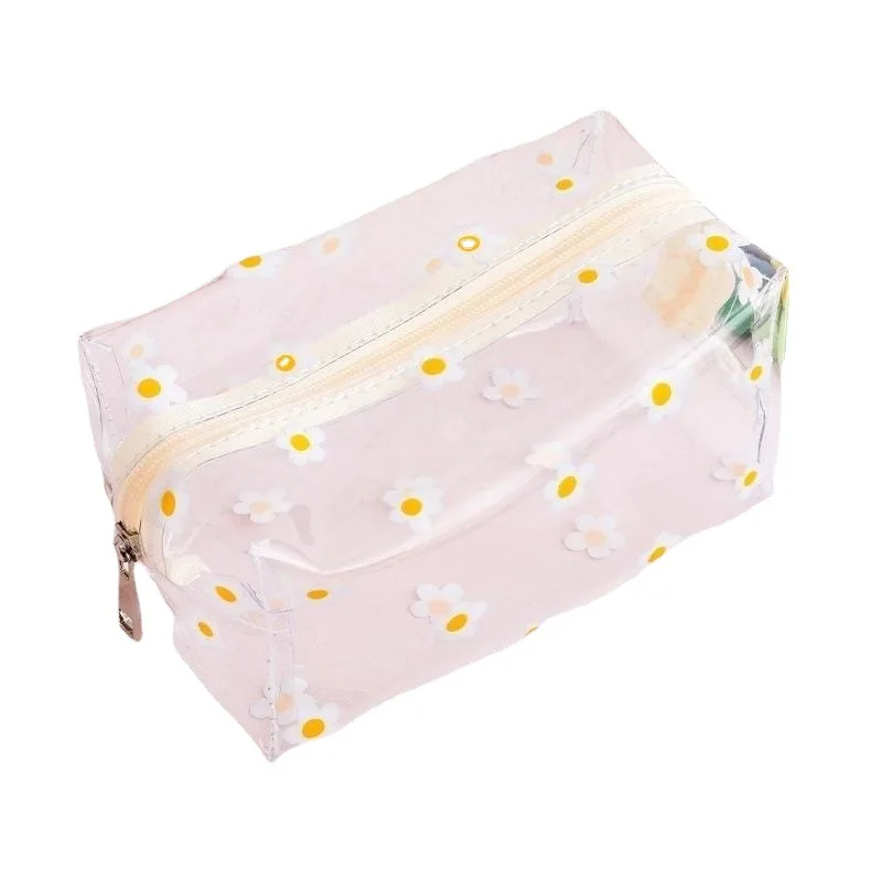 Bolsa de maquillaje de PVC, Mini bolsas de almacenamiento de lavado portátiles de viaje transparentes a la moda, bolsa de cosméticos con cremallera con estampado de flores de fresa para mujer