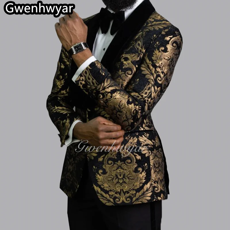 

Gwenhwyar Gold Floral Jacquard Prom Men's Suit Single Breasted Two Pieces Slim Fit With Shawl Lapel Wedding Groom Costume Homme
