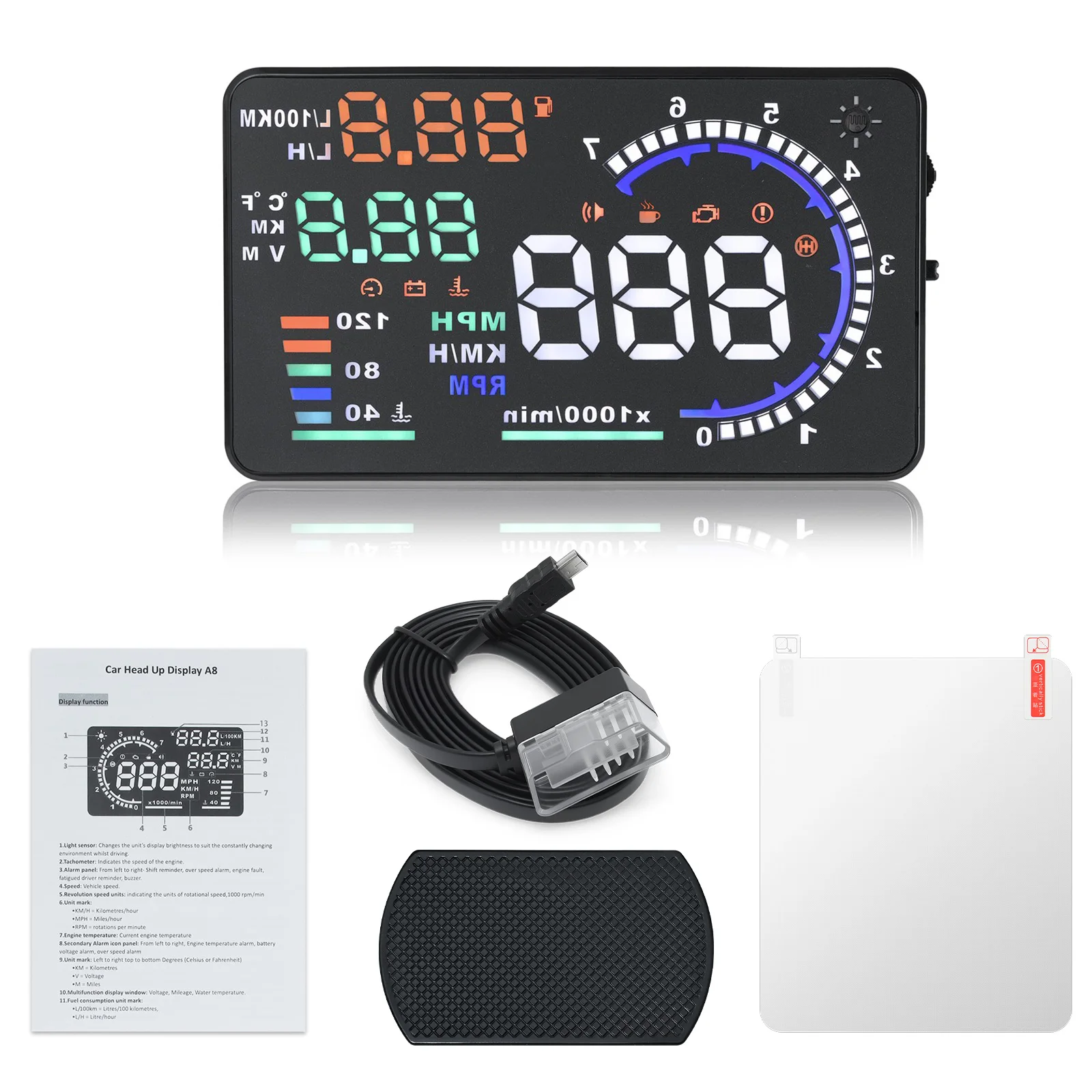 Auto Head-Up-Display RPM Tachometer A8 OBD HUD Head-up-Display Tachometer mit Geschwindigkeitswarnung Auto Elektronik Zubehör – Detail 26