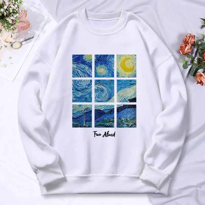 Romantic Starry Sky Painting Print Hoodies Women Autumn Casual Hoodie Hip Hop Oversize Hoody Fleece Warm Comfortable Tops Female