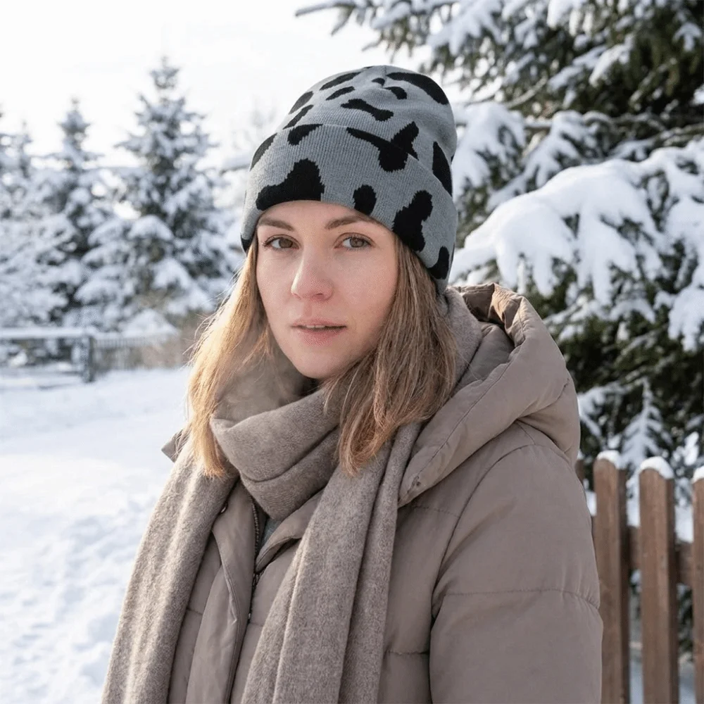 Casual Thickened Cow Pattern Knitted Hat Keep Warm Elastic Pullover Hat Ear Protection Coldproof Winter Beanie Hat Winter
