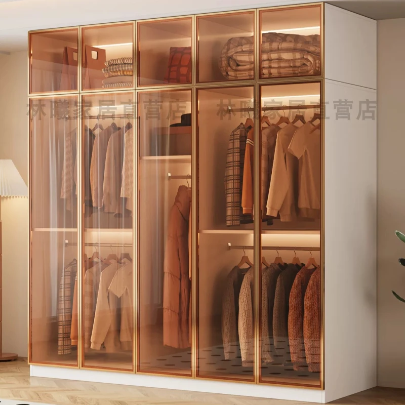 Minimalist Display Glass Armoire Modular Spliced Walk-In Closet Cabinet with Inner Ambient Lighting for Apartment Dressing Room