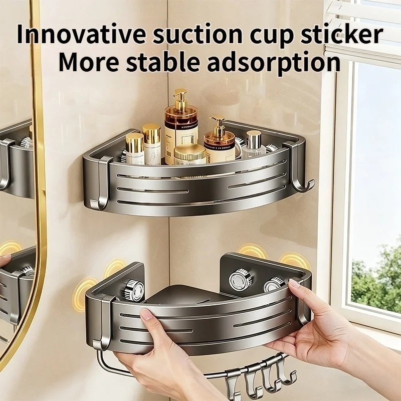 No‑Drill Stick‑on Suction Cup Bathroom Corner Storage Shelf
