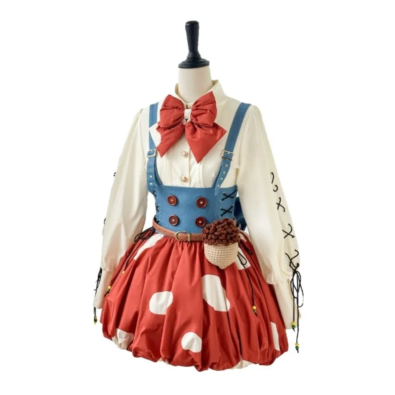 Cute Denim Strap Dress Red Mushroom Flower Bud Skirt Polka Dot Strap Skirt With Pineapple Crossbody Bag