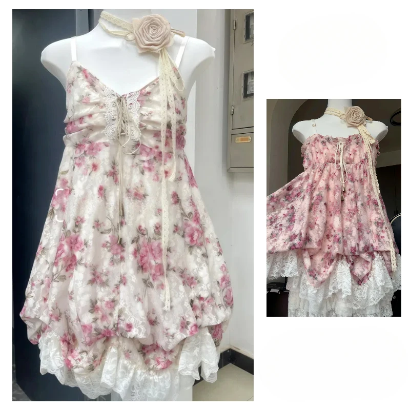 

2025 Summer Y2k Woman Dress Female Floral Lace Vintage Fairy Sleeveless High Waist Elegant French Sweet One Piece Dress Party