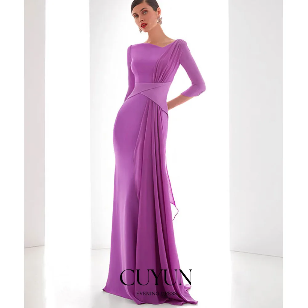 

CUYUN Customized Classic Women's Evening Gowns Purple Ruched Draped Column V-neck Floor Length Dresses Bespoke Occasion Gown