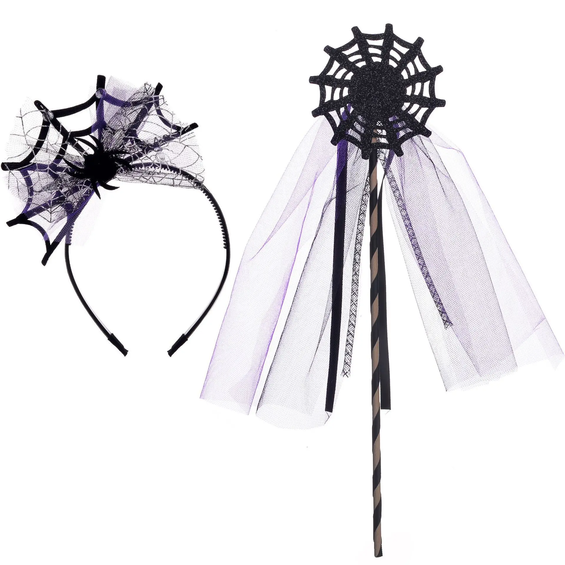 Halloween Party Costume Props Kit, Spider Mesh Headband & Magic Wand Holiday Atmosphere Decor Supplies