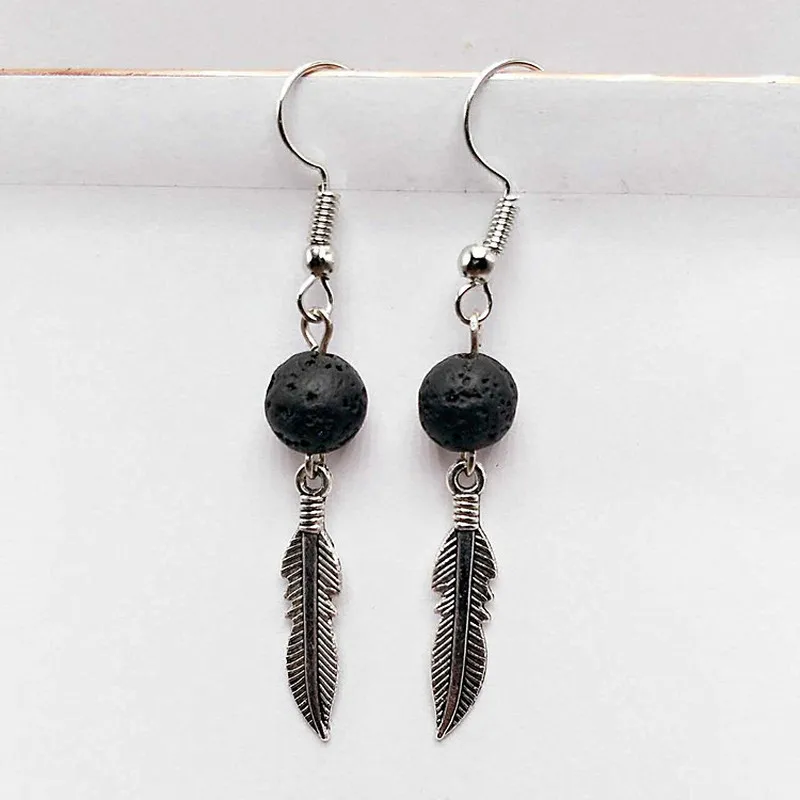 10pairs Black Volcanic Lava Stone Earrings Ally Feather Charms Earrings DIY Aromatherapy Essential Oil Diffuser Jewelry Women