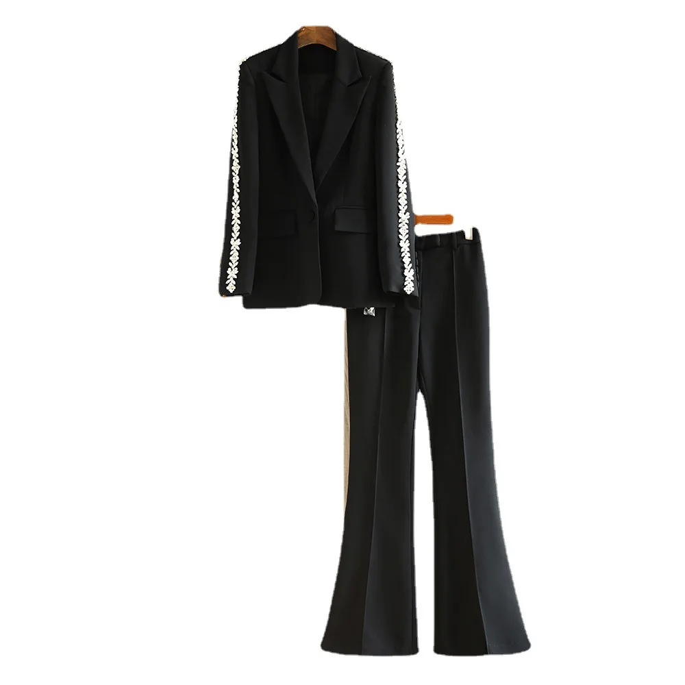 Ensemble blazer et pantalon noir imbibé de cristal pour femme, veste de bureau, manteau de travail pour femme, robe de Rhà simple boutonnage, luxe, printemps, 2 pièces