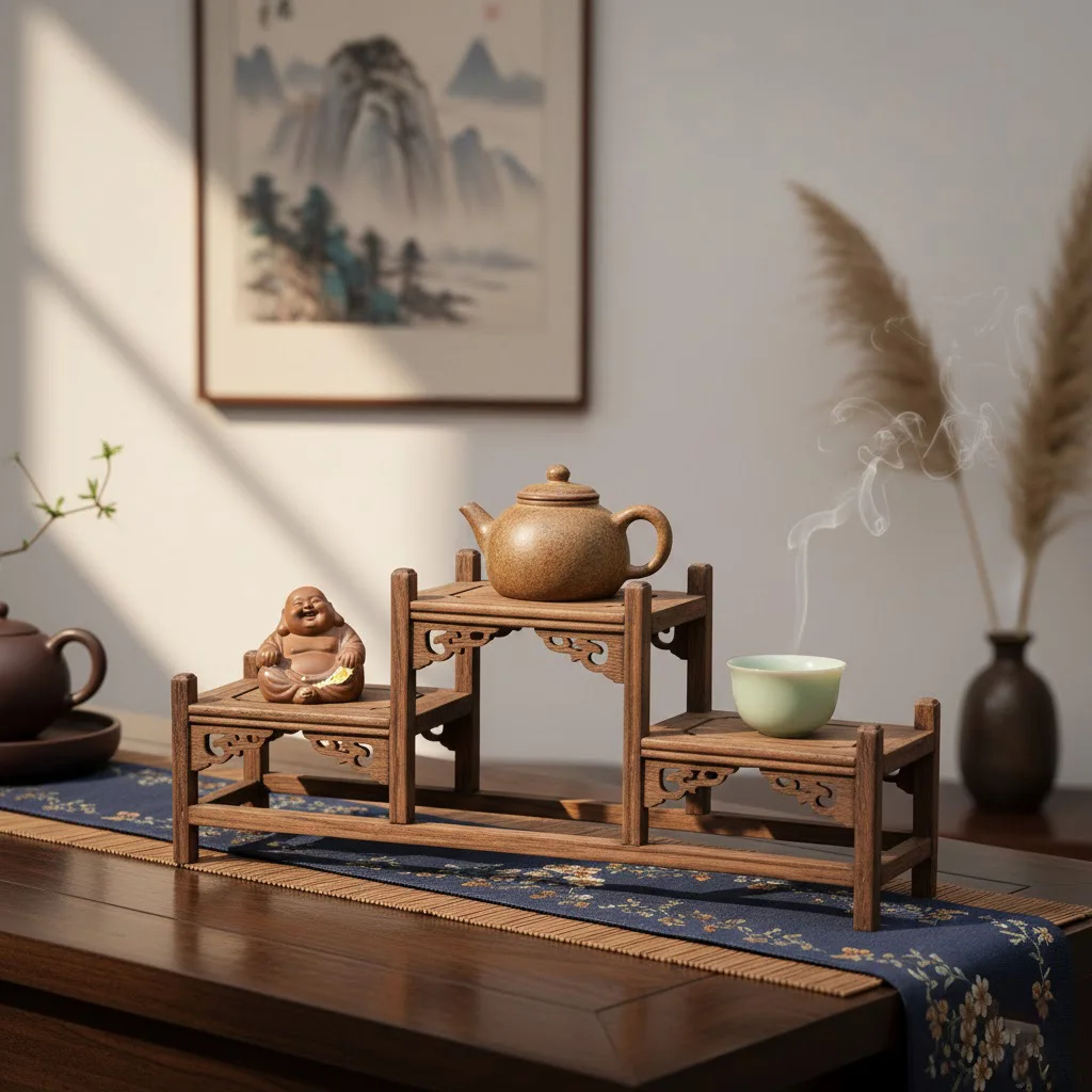 Solid Wenge Wood Multi-Tier Display Stand, Small Chinese Zen Tea Ceremony Curio Shelf, Handcrafted Miniature Desktop Organizer