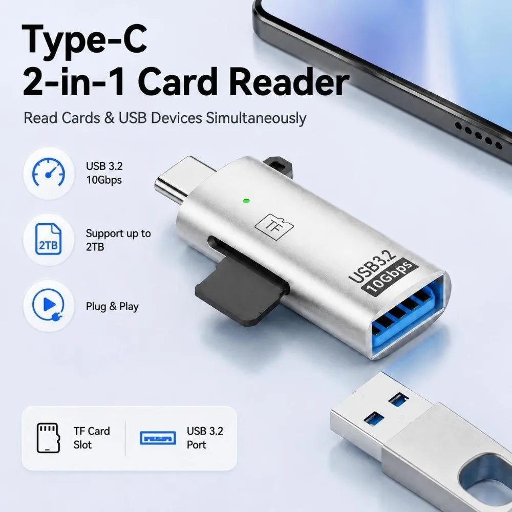 2-in-1 Type-C Card Reader USB 3.2 Support 2TB Capacity for Micro SD Reader Driver Free Hot Swappable TF Card Reader