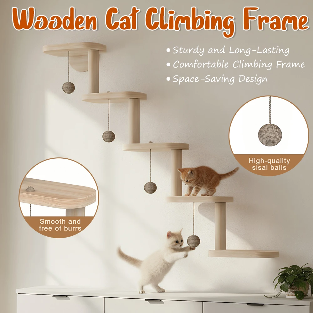 

Угловая полка-лестница для кошек настенная, деревянная, 5 ступеней, с сизалевой лежанкой для когтетроя, легко устанавливается, с креплениями для сна и игр