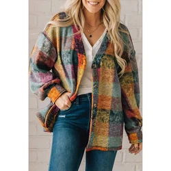 Plus Size Casual Women's Coat Multicolor Plaid Single Breasted Patchwork Autumn Coat