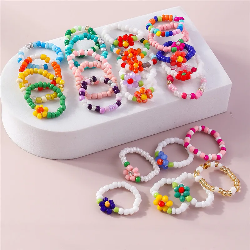 Aihua Koreanische Bunte Kleine Blume Ring Sets Böhmen Handgemachte Multi Perlen Reis Perlen Finger Ring Für Frauen Strand Schmuck Geschenke – Detail 4