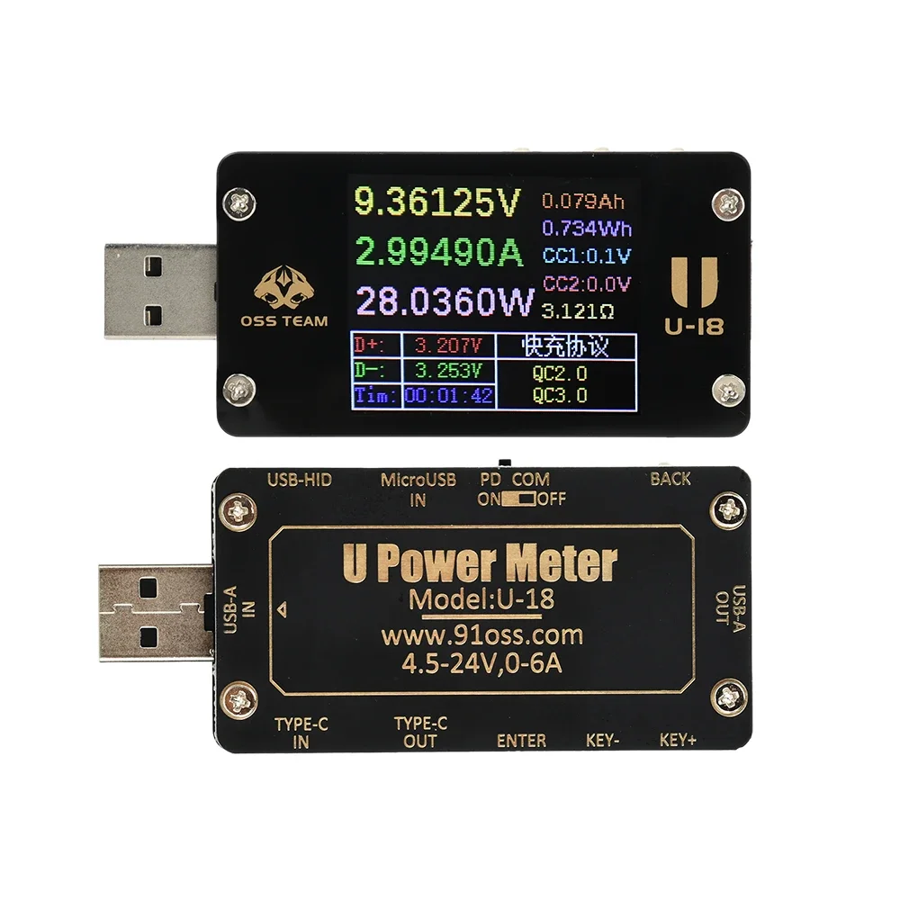 USB-A Current and Voltage Meter Ammeter Voltmeter Automatic Detector of  QC/PD Multiple Fast Charger Protocol