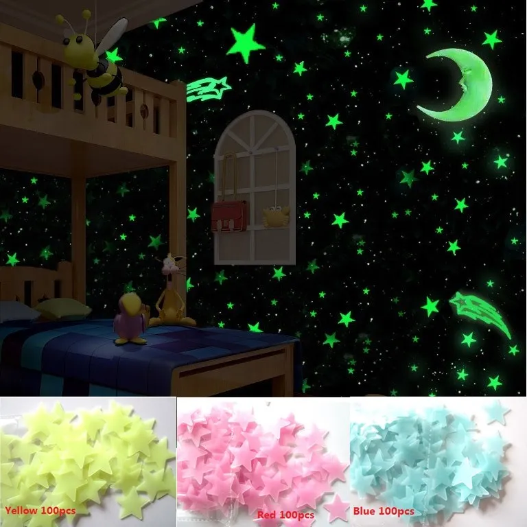 100pcs Night Light White 3D Stars Glow In The Dark Luminous Fluorescent Plastic Wall White Stickers Living Home Kids Room