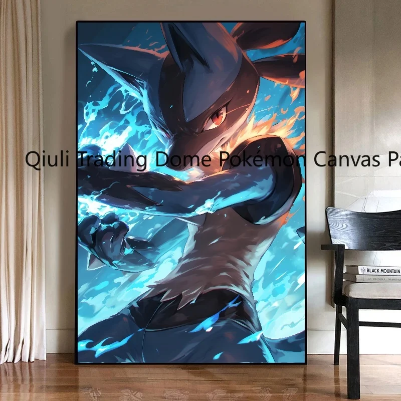 Póster de Pokémon Lucario HD con periféricos de Anime japonés, decoración Mural, arte de pared de dibujos animados, pintura en lienzo de colores acuáticos, regalo para niños